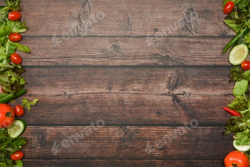 Preview: Fresh vegetable on wood background. Healthy vegetarian food, Top view with copy space for text.