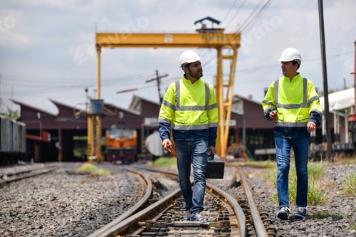 Vorschau: Ingenieur unter Inspektion und Kontrolle des Bauprozesses, der Eisenbahn und der Überprüfung der Arbeiten an der Eisenbahnstraße