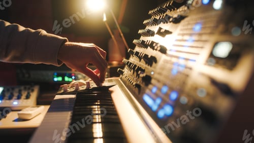Preview: Hands of a man sound engineer are pressing buttons on the console