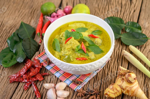 Preview: Green curry in a bowl with lime, red onion, lemon grass, garlic and kaffir lime leaves