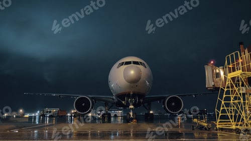 Preview: View to the cockpit and engines of parked airliner in airport at night