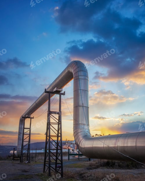 Preview: Geothermal energy. Pipeline of a plant at sunset in Larderello, Tuscany region, Italy