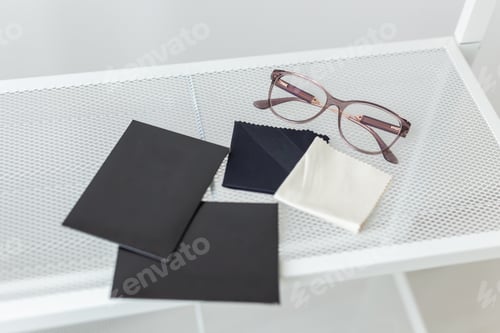 Preview: Glasses and rag for lens wipes on shelf - accessories for eyeglasses
