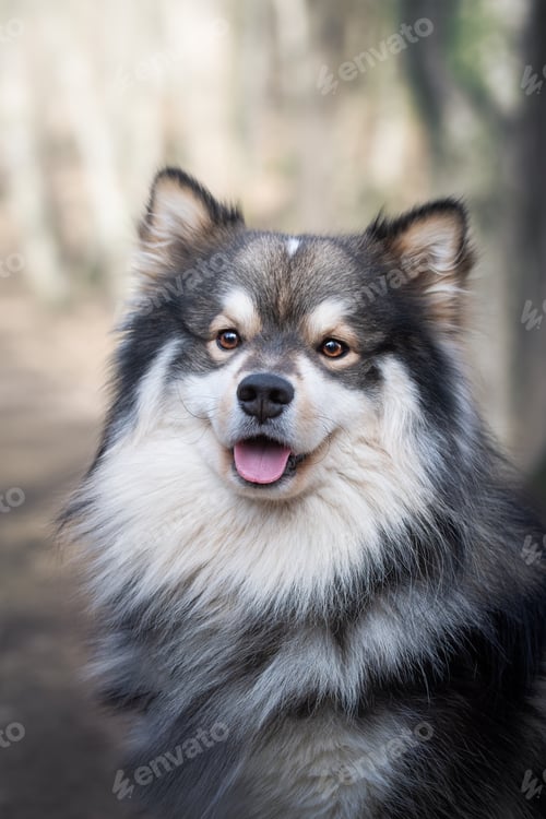 Preview: Portrait of a young Finnish Lapphund dog outdoors in nature