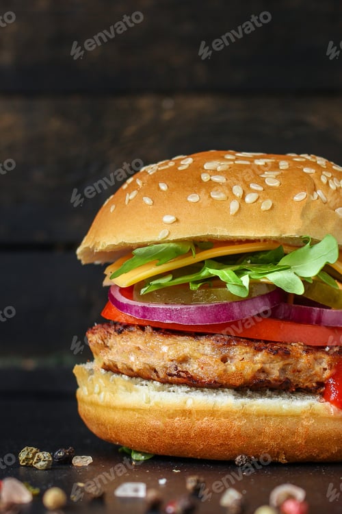 Preview: Burger, Meat Cutlet Beef Steak, Tomato, Sauce And Lettuce Tasty Meat Snack Sandwich Menu Concept