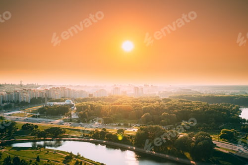 Preview: Minsk, Belarus. Top view, cityscape of Minsk, Belarus. Summer season, sunset. Nyamiha district. War