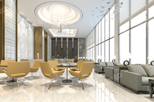 Preview: 3d rendering yellow chair in luxury hotel lounge and reception