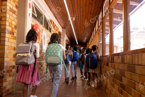 Preview: Rear view of diverse childrens walking in corridor at elementary school