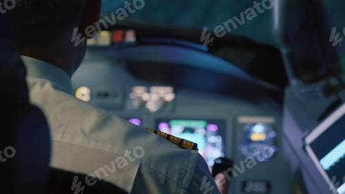 Preview: Captain is controls the airplane at night, rear view. Pilot in cockpit of passenger airliner