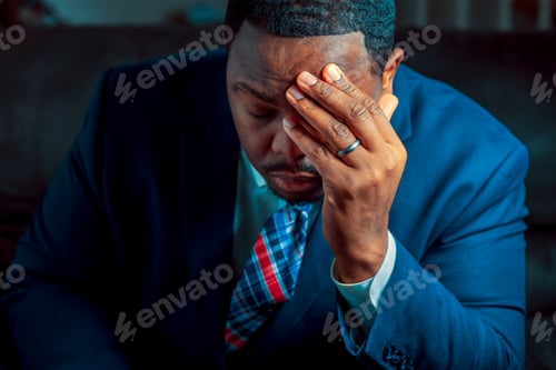 Preview: Black or African American business man sitting down looking anxious and depressed