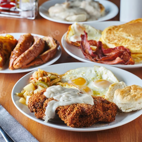 Preview: chicken fried steak covered in gravy with sunny side up eggs and breakfast foods