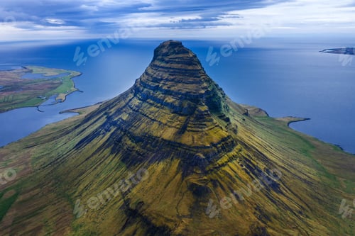 Preview: Aerial drone view of Kirkjufell mountain, Iceland