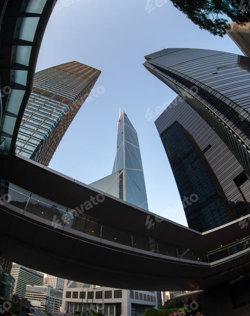 Preview: city business skyscrapers low angle fish eye view