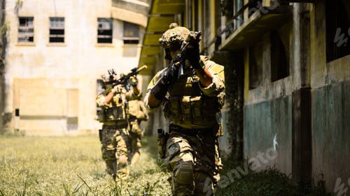 Preview: Squad of soldiers running forward and attacking enemy during military operation, Army soldiers in