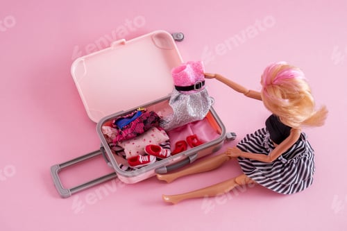 Preview: Top view plastic doll with suitcase on pink background.