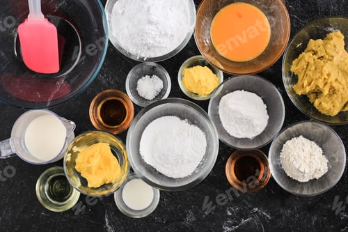 Preview: Top View Ingredients for Baking Cake on Black Background