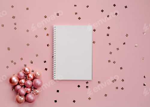 Preview: Happy New year and Christmas holiday concept 2024 with empty notebook and pen on pink background