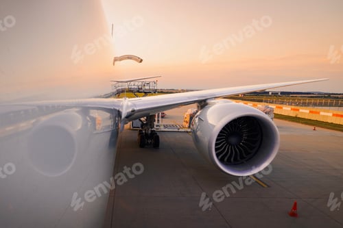 Preview: Reflection of wing and engine on fuselage of cargo airplane during loading at airport