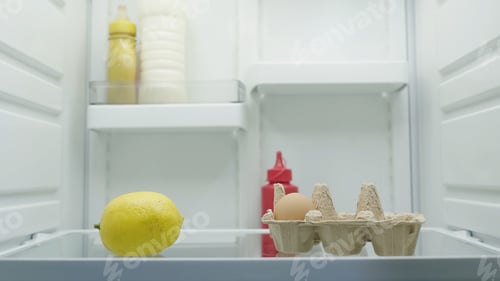 Preview: whole lemon, egg, bottles with mayonnaise, mustard and tomato sauce in refrigerator