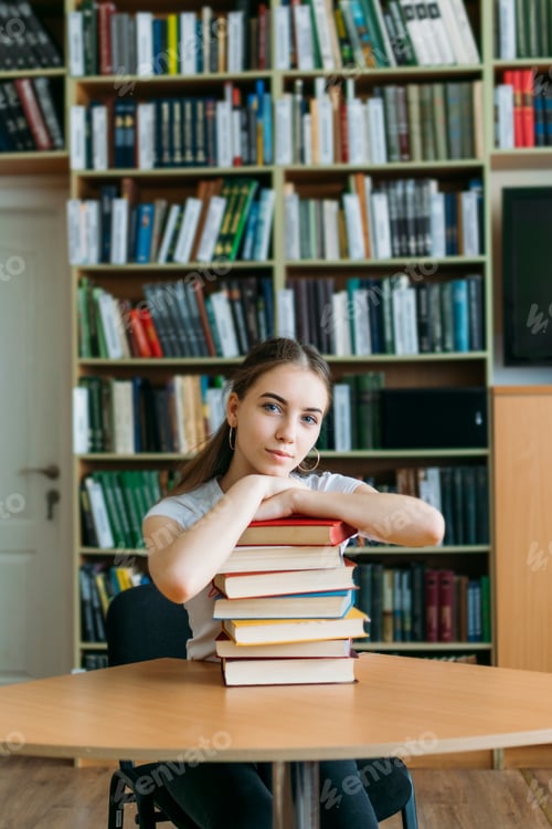Preview: Back to school, reading book, education, library concept. Student girl with book on background of