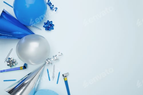 Preview: Birthday attributes colorful balloons, party hats, candles, and confetti