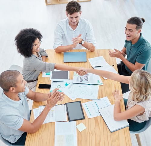 Preview: Teamwork, handshake and applause with a team in collaboration and celebration of success in a meeti