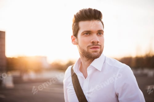 Preview: Portrait of young businessman at sunset