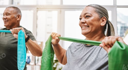 Preview: Physiotherapy, stretching band and senior couple with teamwork for muscle wellness, rehabilitation