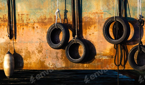 Preview: Shot of car tires and anchors hanging with ropes agains a rusty boat with water underneath