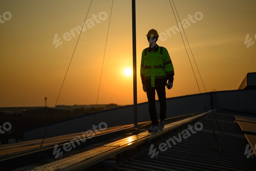 Preview: Silhouette of technician engineer checking and repairing solar panels