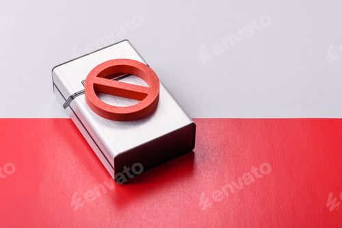 Preview: A metal cigarette box with a no smoking sign depicts a harmful habit. A cigarette box