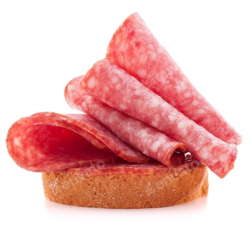 Preview: sandwich with salami sausage on white background cutout
