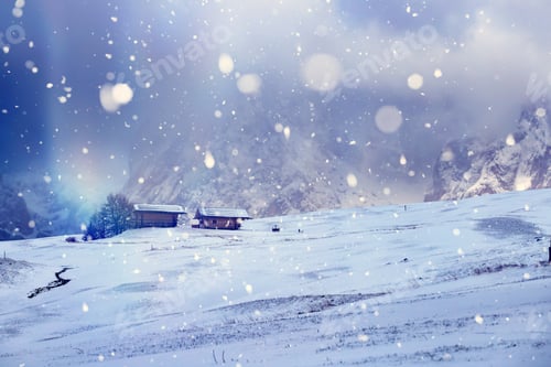 Preview: Snowfall at Alpe de Siusi in the sunset.