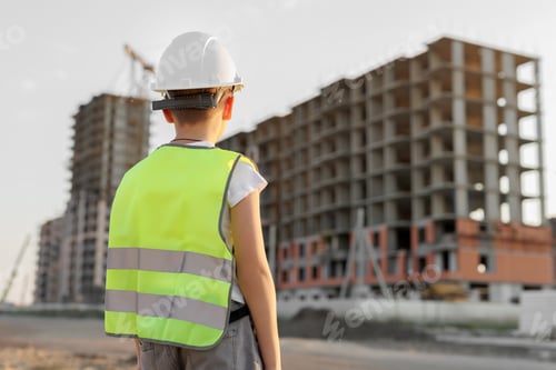 Preview: Boy in a protective helmet and vest looks at the construction of a multi-storey building at sunset.