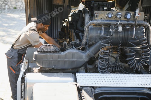 Preview: African american Professional Truck Mechanic Rebuilding Heavy Duty Truck Diesel Engine.