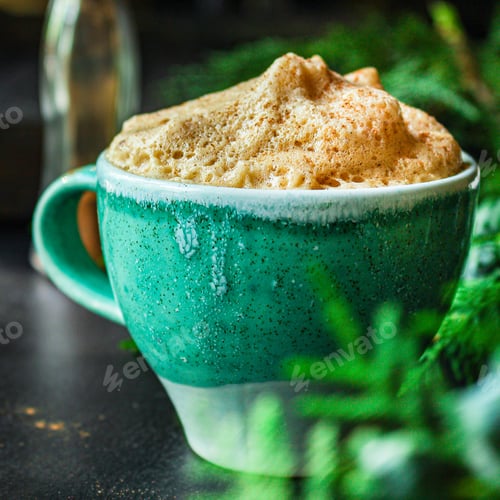 Preview: Cup Of Hot Coffee, Cocoa Or Hot Chocolate And Twigs Spruce On The Table, New Year Mood Menu Concept