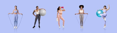 Preview: Diverse group of women engaging in different fitness activities indoors