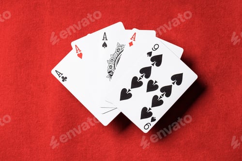 Preview: top view of red poker table with unfolded playing cards, four aces and nine