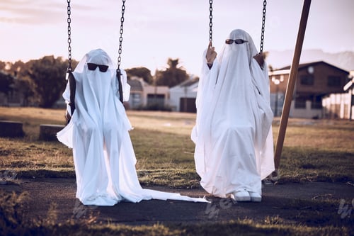 Preview: Park, halloween and friends in a ghost costume in a kids playground in celebration of a scary fanta