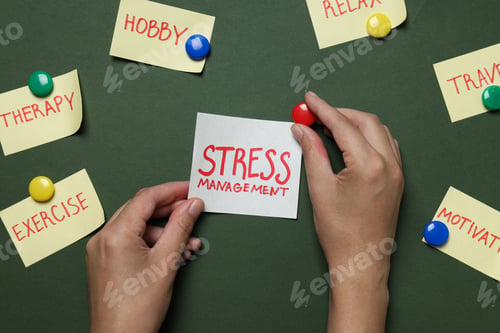 Preview: Papers with words and hands on dark green background, top view