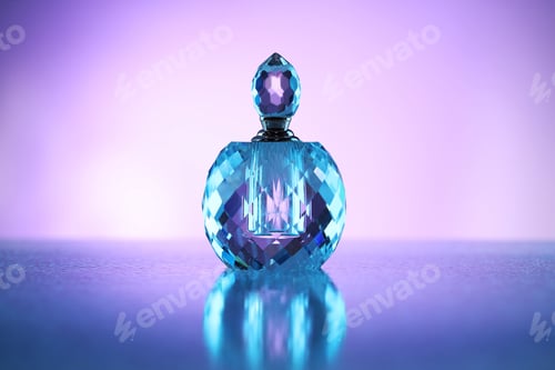 Preview: Bottle of perfume on mirror surface against violet gradient background
