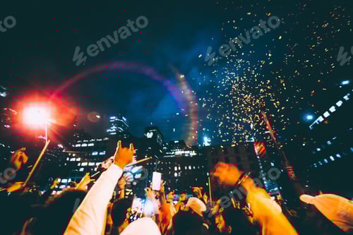 Preview: Nighttime City Celebration with Confetti and Cheering People