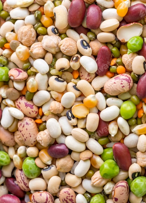 Preview: Mixed dried legumes and cereals isolated on white background, top view