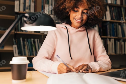Preview: Beautiful student with curly hair studying at evening in library