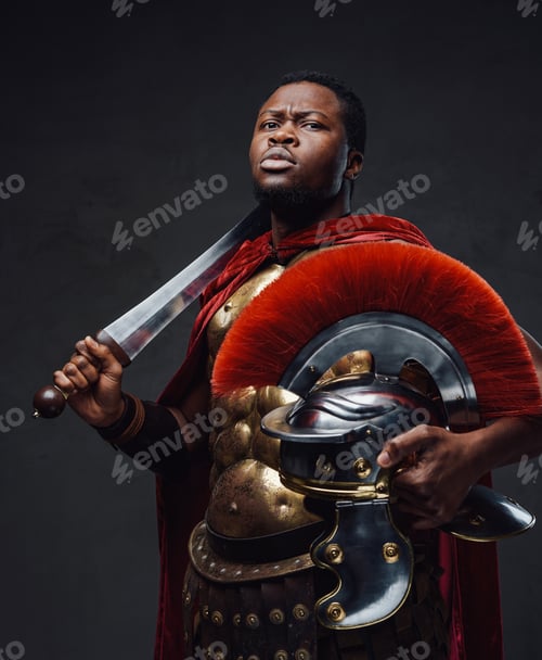 Preview: Proud roman soldier of african ethnic with sword and shield