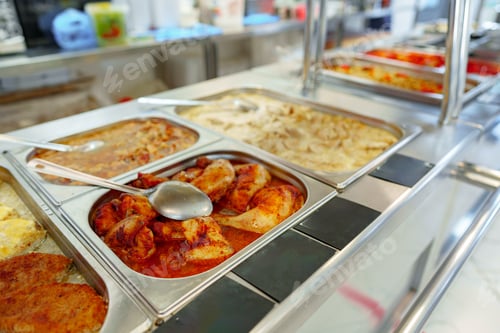 Preview: Bustling Cafeteria Serving Line During Lunchtime Offering a Variety of Dishes