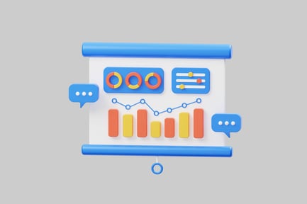 Visualização: Slide de apresentação com gráfico de barras, gráficos de rosca e gráfico de barras horizontais