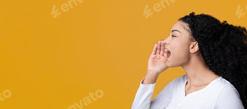 Preview: Portrait Of Young Black Female With Hand Near Mouth Making Announcement