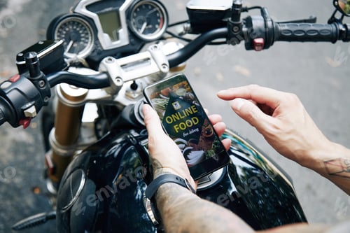 Preview: Motorcyclist ordering food delivery
