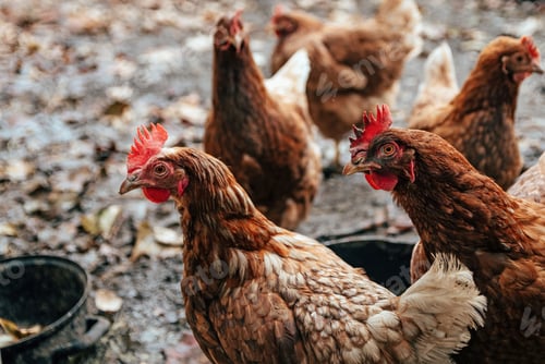 Preview: Closeup of domestic chicken in muddy yard on a farm.